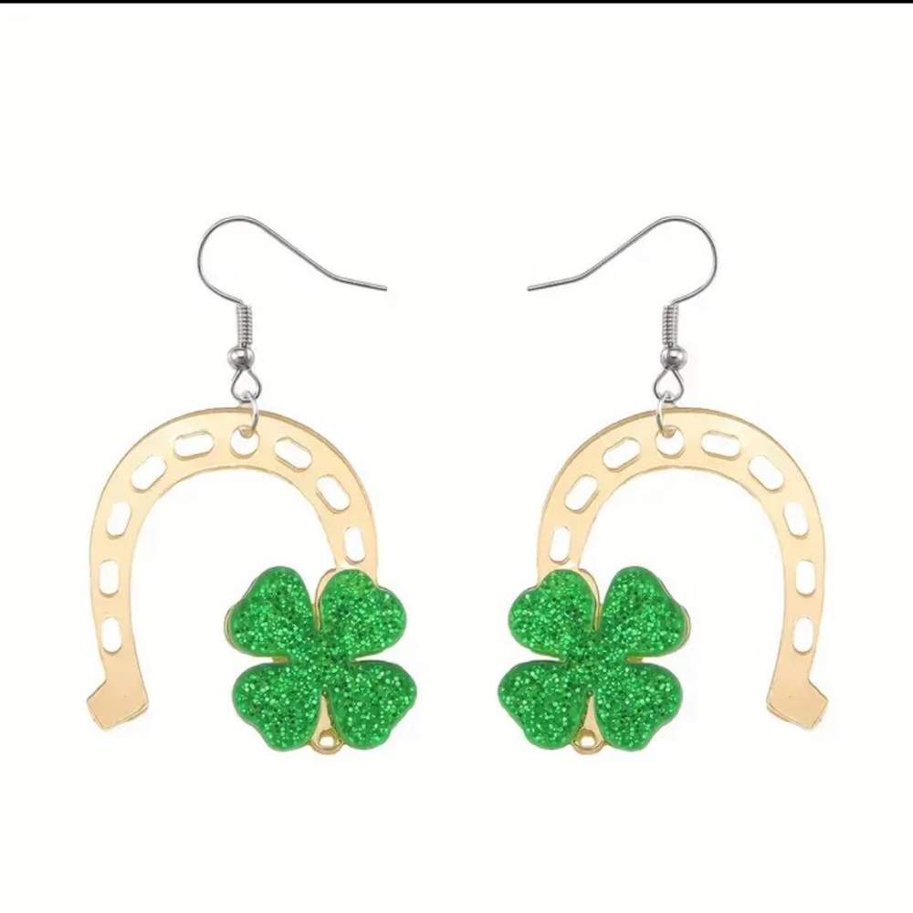 Acrylic lucky gold & green horseshoes and clovers earrings